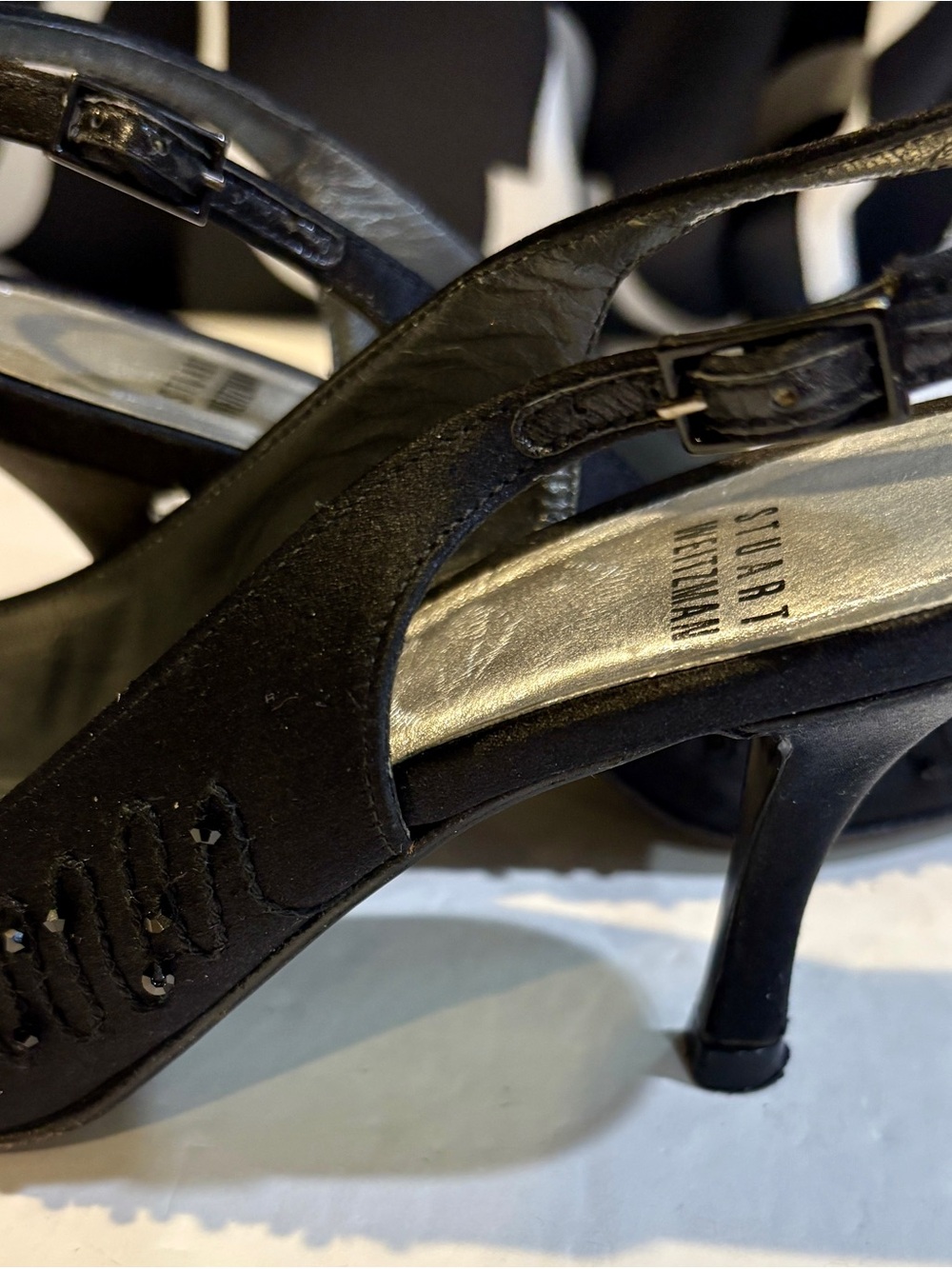 Stuart Weitzman Black Beaded Pointed Slingback Evening Classic Heels 7N - Picture 8 of 10